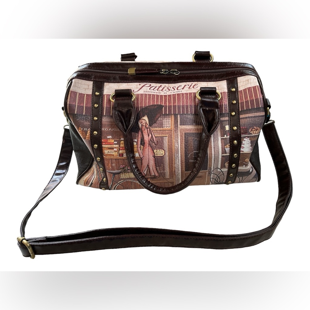 Nicole Lee Brown Patisserie Print Satchel Shoulder Bag with Gold Accents